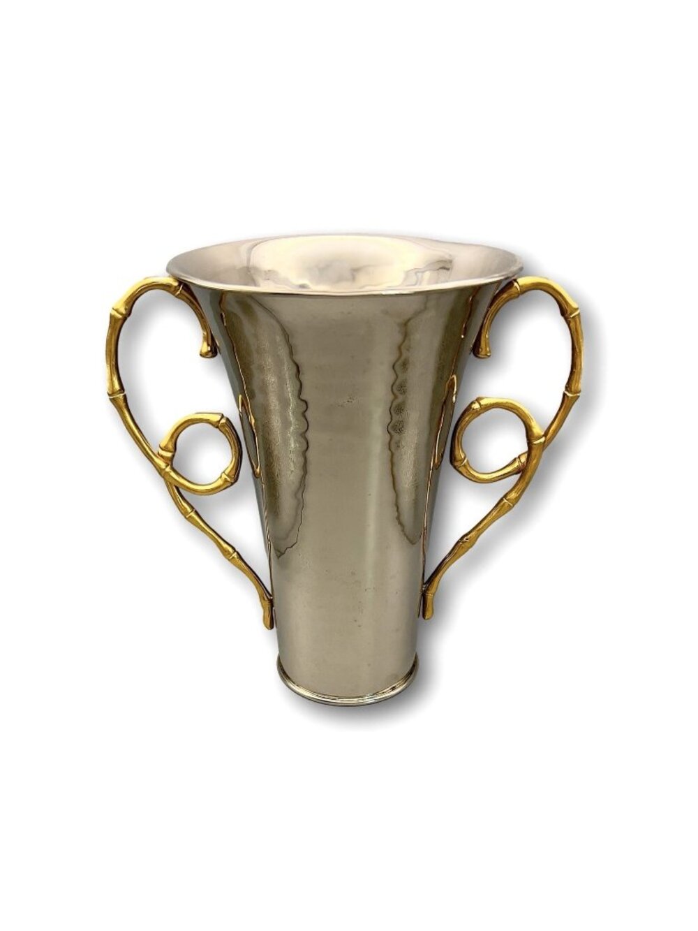 L'Objet Evoca 10" Vase Silver Nickel Plated Handled 24K Gold Bamboo Accent